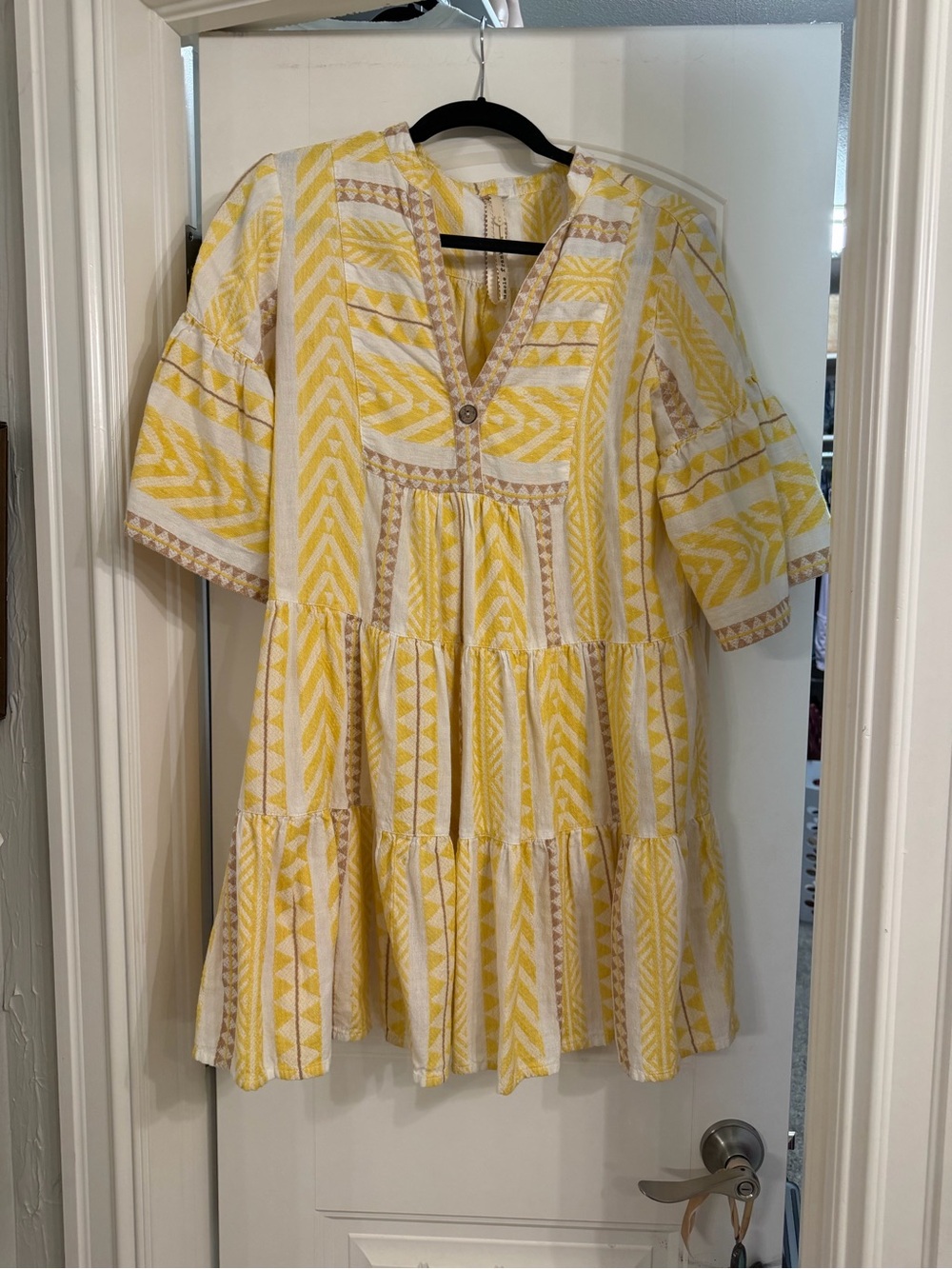 Uncle Frank Yellow & Cream Patterned Tiered V-Neck Dress
